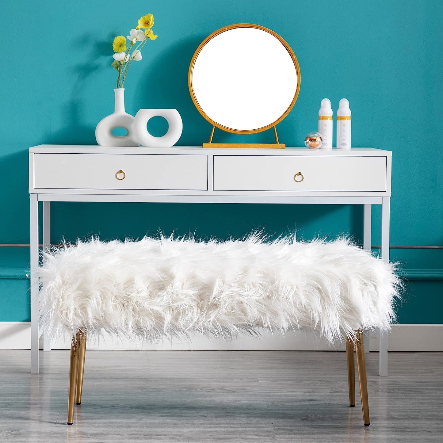 Faux Fur Vanity Bench Fluffy Entryway Bench Furry Ottoman Bench End of Bed Stool with Metal Gold Legs for Living Room Bedroom, White