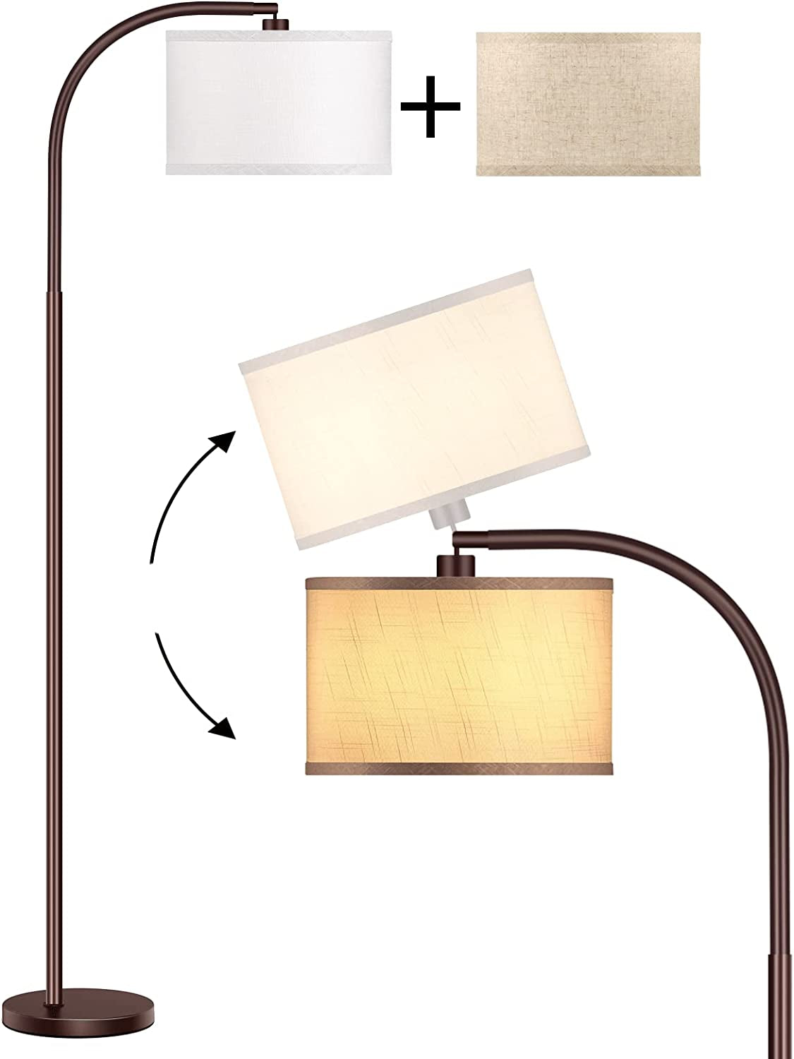 Floor Lamp for Living Room, Oil-Rubbed Bronze LED Standing Lamp with 2 Lamp Shades (Beige/White), Classic Tall Reading Pole Lamp with LED Bulb, Modern Adjustable Floor Lamp for Bedroom Study