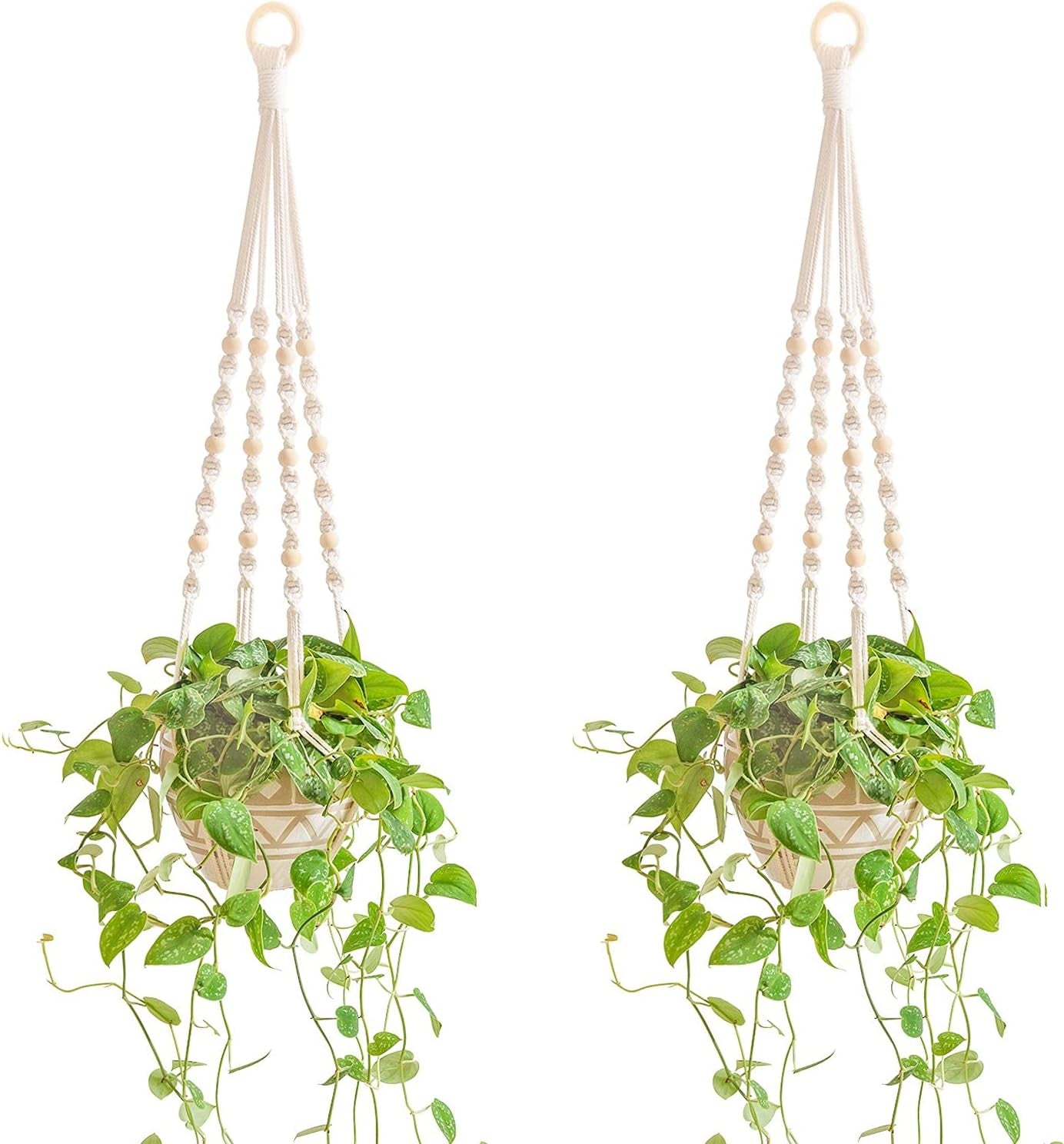 2 Pack Macrame Plant Hangers Indoor Boho Hanging Plant Holders with Wood Beads Macrame Hanging Planter Baskets Ivory 33.5" No Tassels