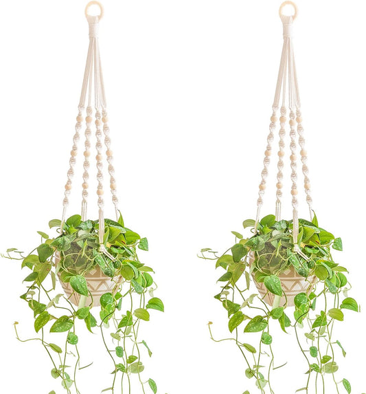 2 Pack Macrame Plant Hangers Indoor Boho Hanging Plant Holders with Wood Beads Macrame Hanging Planter Baskets Ivory 33.5" No Tassels