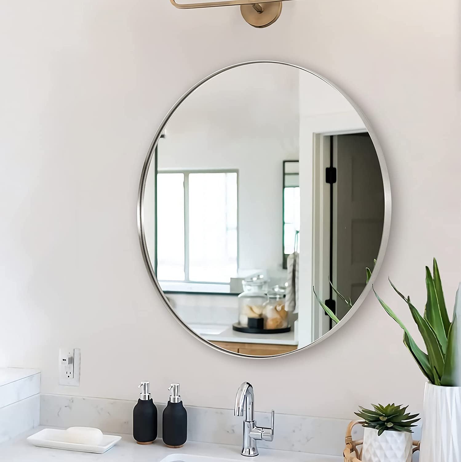 Nickel round Mirror, 26’’ Brushed Sliver Circle Bathroom Mirrors in Stainless Steel Metal Frame 1" Deep Set Design2