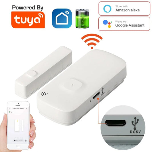 Tuya Wifi Door Sensor with Battery Recharge Port Wireless Magnetic Window Detector Magnet Switch Open Alarm Support Alexa Google