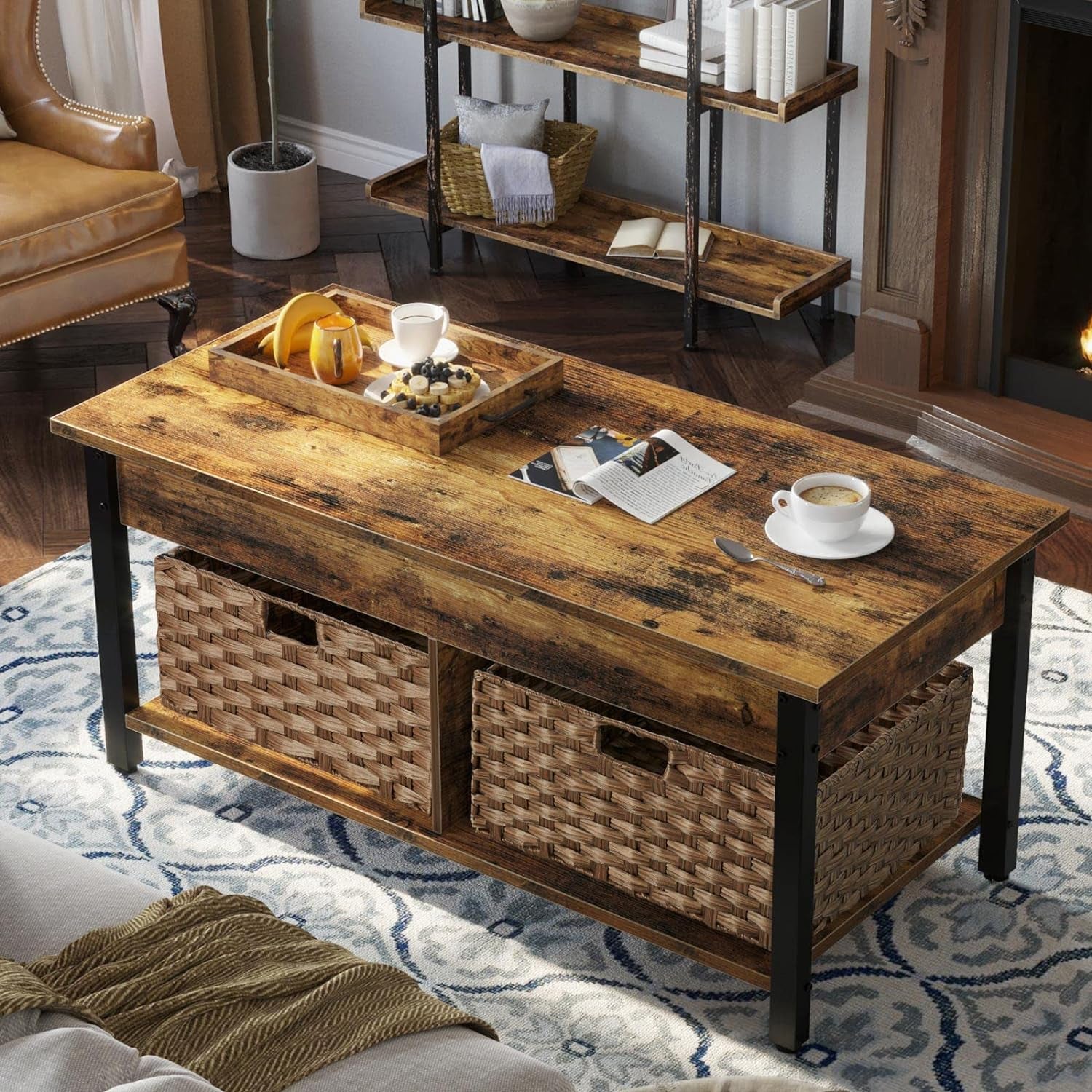 Coffee Table Lift Top with Hidden Storage Compartment and 2 Rattan Baskets, 41.7" Retro Central Wooden Tabletop and Metal Frame for Living Room, Rustic Brown