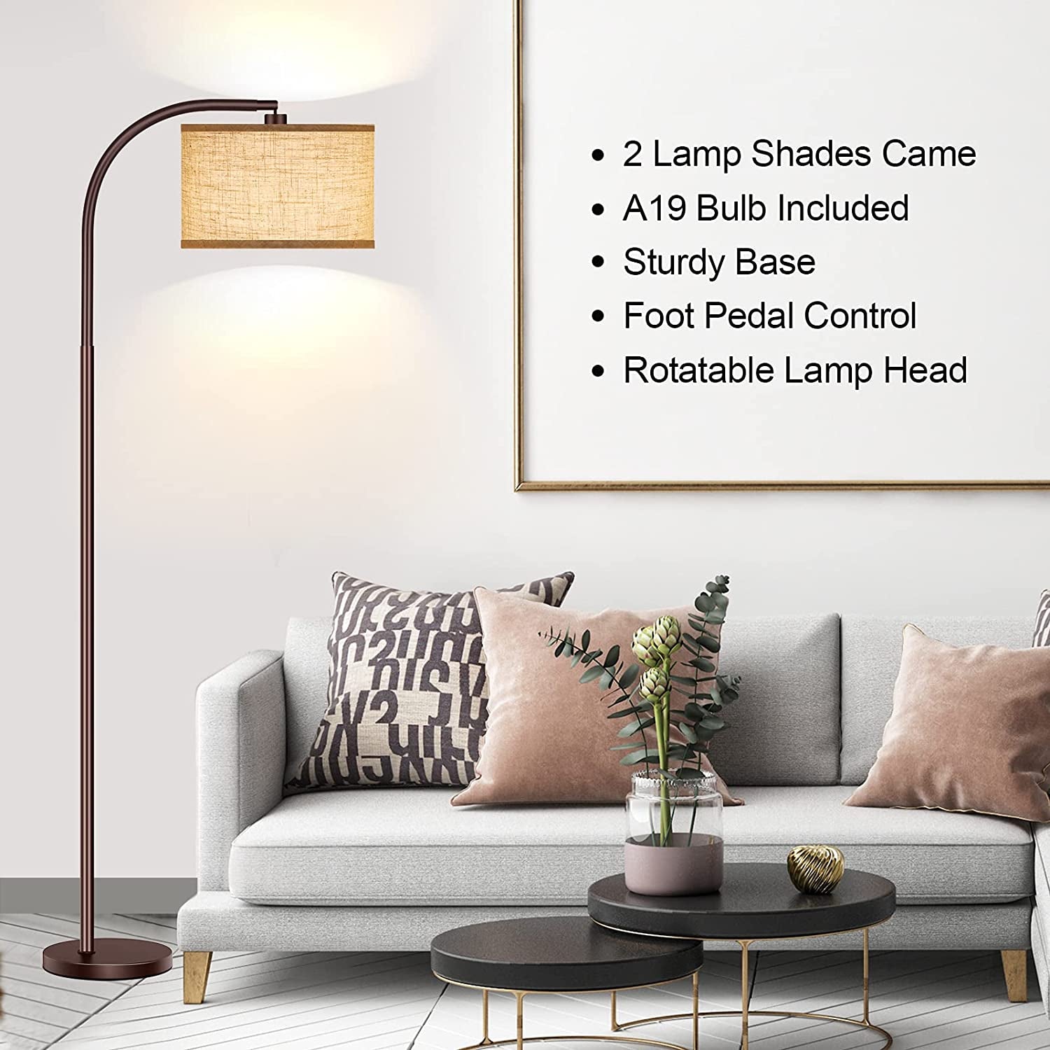 Floor Lamp for Living Room, Oil-Rubbed Bronze LED Standing Lamp with 2 Lamp Shades (Beige/White), Classic Tall Reading Pole Lamp with LED Bulb, Modern Adjustable Floor Lamp for Bedroom Study