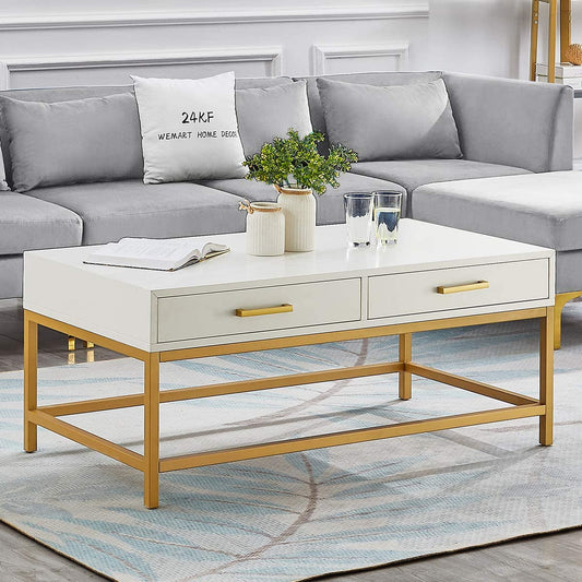 Modern 2 Drawers Stylish Coffee Table with Lacquer Finish Golden Metal Base for Living Room Furniture- White/Golden