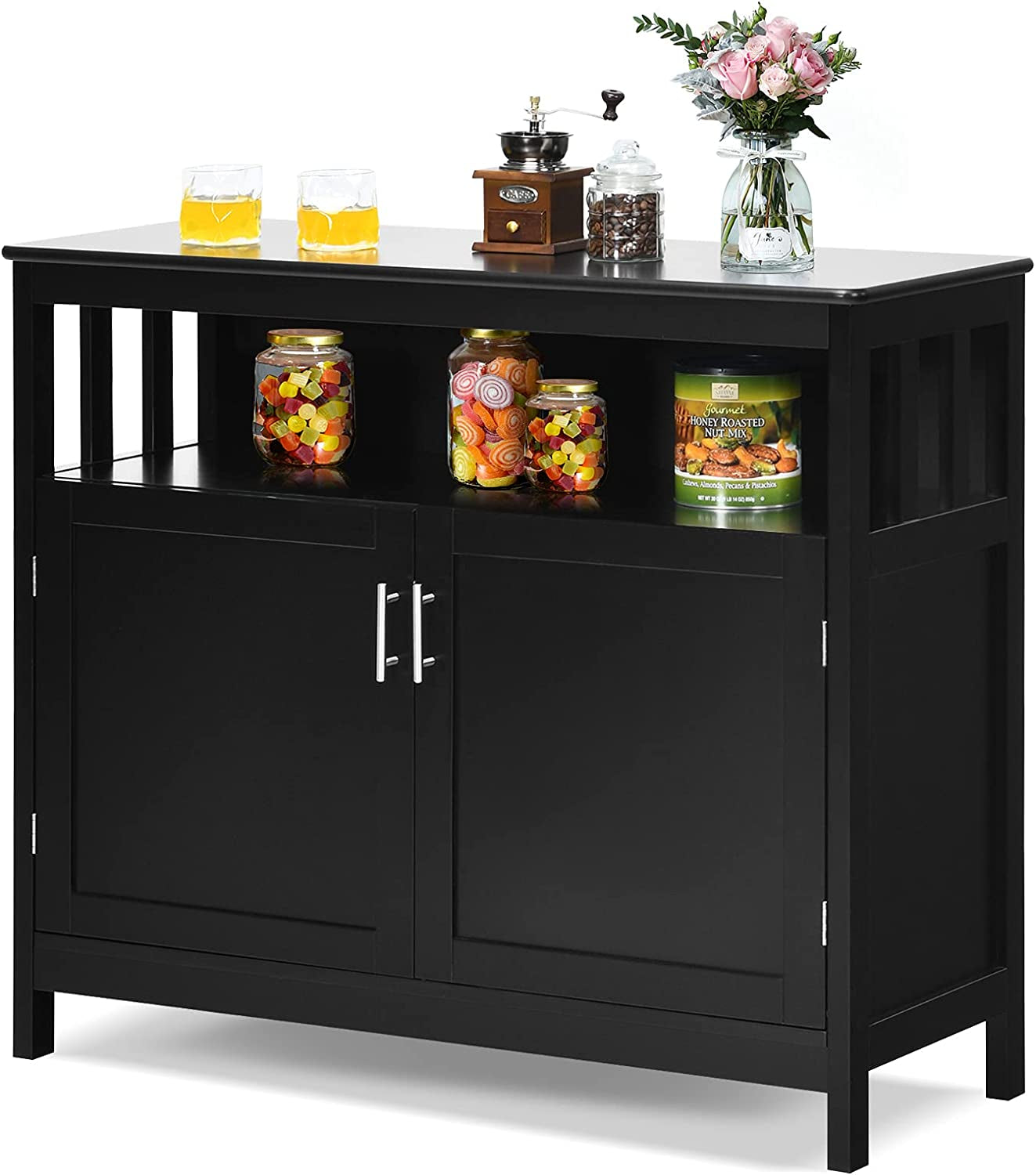 Kitchen Buffet Sideboard, Wooden Storage Server Cupboard Cabinet, Dining Room Living Room Bar Furniture 2-Door Console Table W/ 5-Position Adjustable Shelf & Open Shelf Drawer Cabinets (Black)