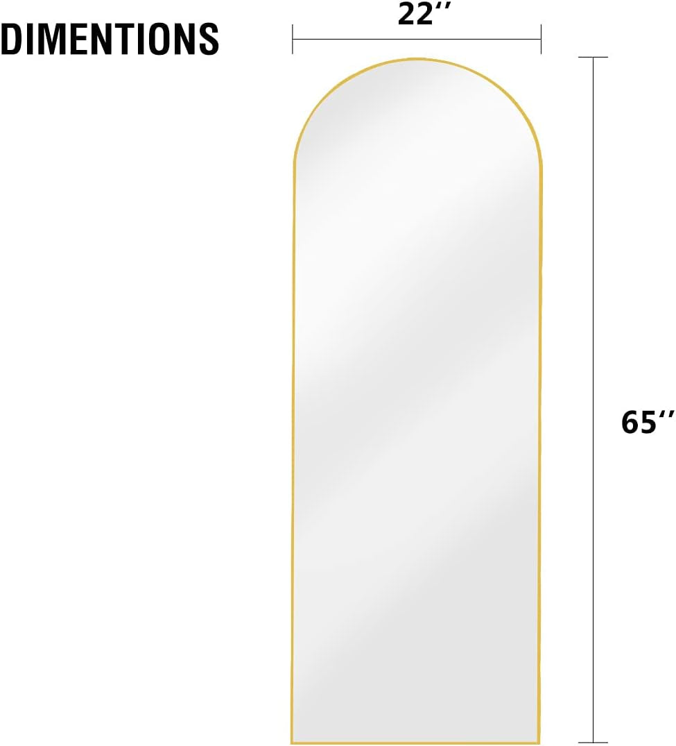 Full Length Mirror, Floor Mirror Full Length, 65"X22" Arched-Top Mirror Hanging or Leaning, Standing Mirror, Body Mirror, Wall Mounted Mirror with Aluminum Frame for Bedroom Living Room (Gold)