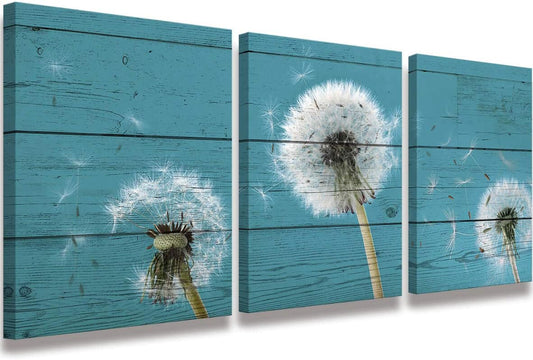 Canvas Printing Simple Life Painting Retro Dandelion Wall Decal Bathroom Decoration Dandelion Picture Nostalgic Blue Wooden Artwork Watercolor 12X16 Inch 3 Piece Set Frame Living Room Bedroom Wall Art