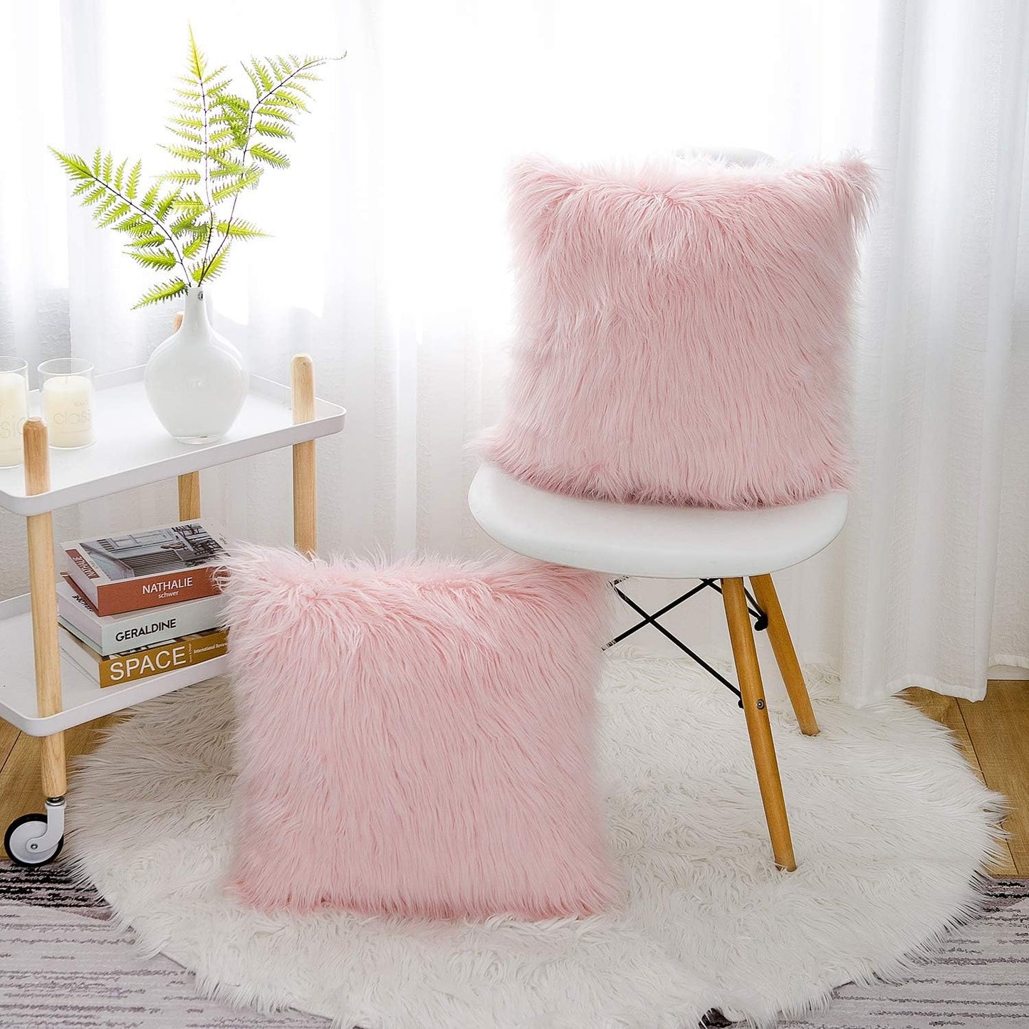 Valentines Day Set of 2 Pink Fluffy Pillow Covers New Luxury Series Merino Style Blush Faux Fur Decorative Throw Pillow Covers Square Fuzzy Cushion Case 18X18 Inch