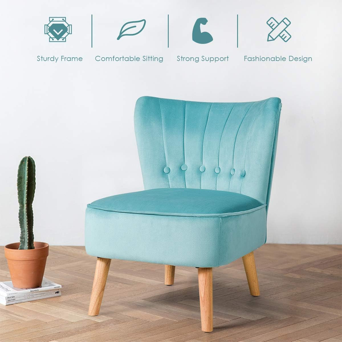 Modern Velvet Accent Chair, Small Upholstered Leisure Sofa Chair W/Wood Legs, Thickly Padded and Button Tufted, Armless Wingback Club Chairs for Living Room Bedroom Furniture, Turquoise