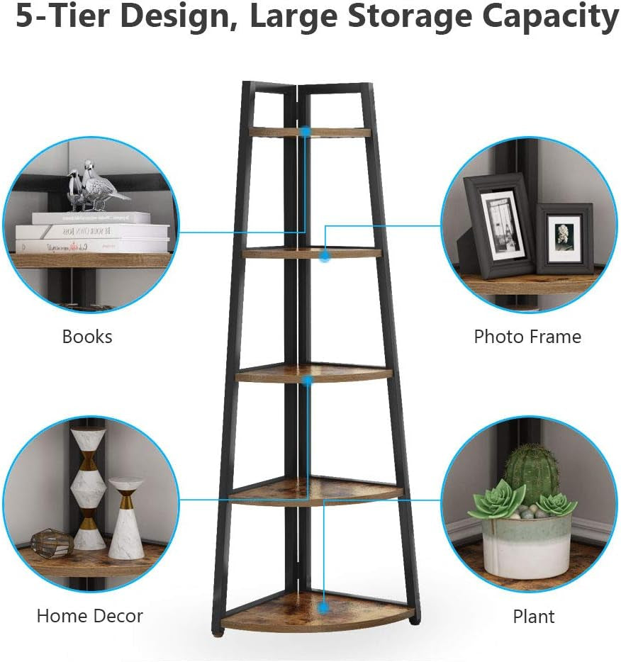 Rustic 5 Tier 70 Inch Tall Corner Shelf Bookshelf, Industrial Small Bookcase Corner Shelf Stand Furniture Plant Stand for Living Room, Small Space, Kitchen, Home Office (Rustic Brown)