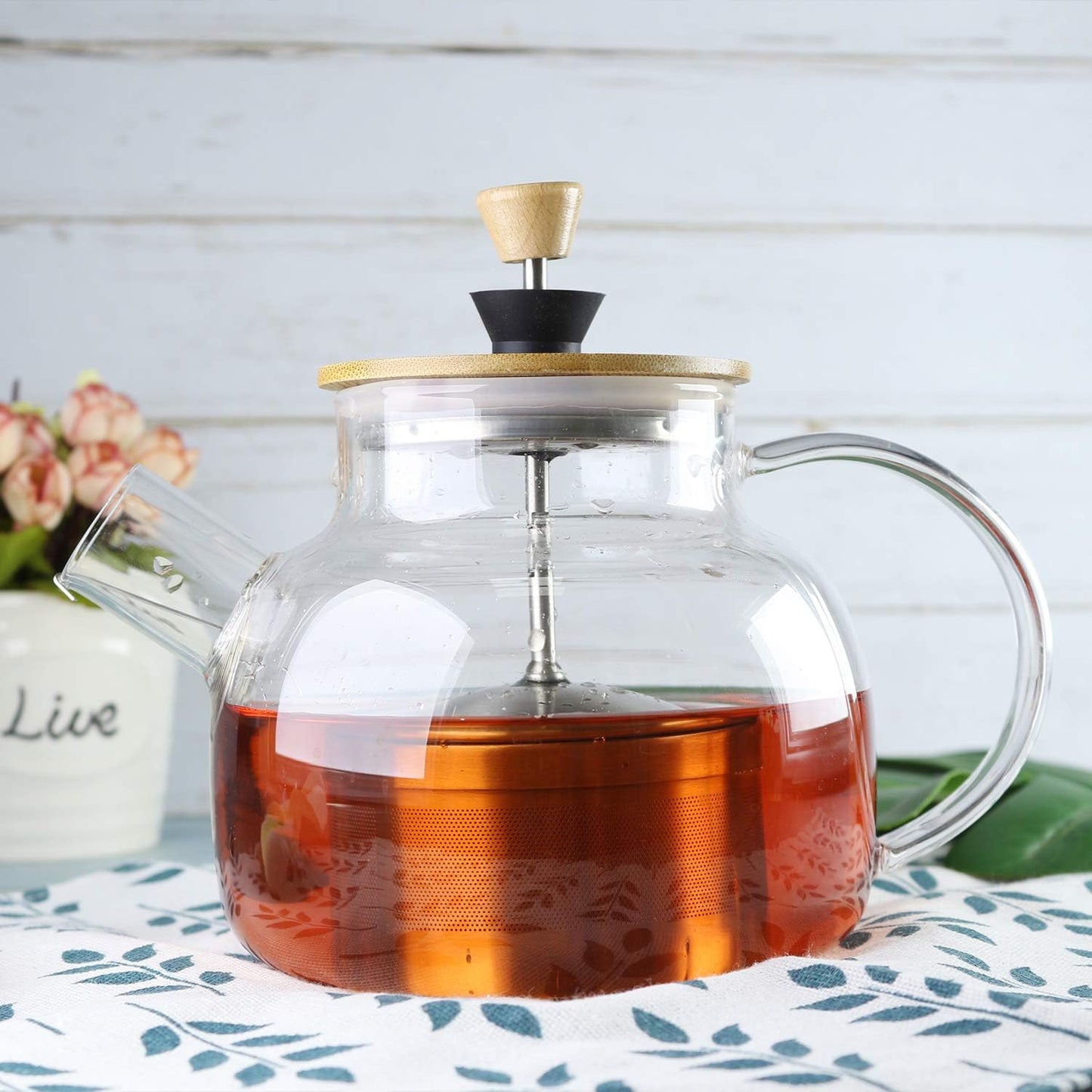 Glass Tea Pot with Bamboo Lid & SUS304 Stainless Steel Tea Infuser Filter, 34 OZ Stovetop Safe Tea Kettle for Loose Tea