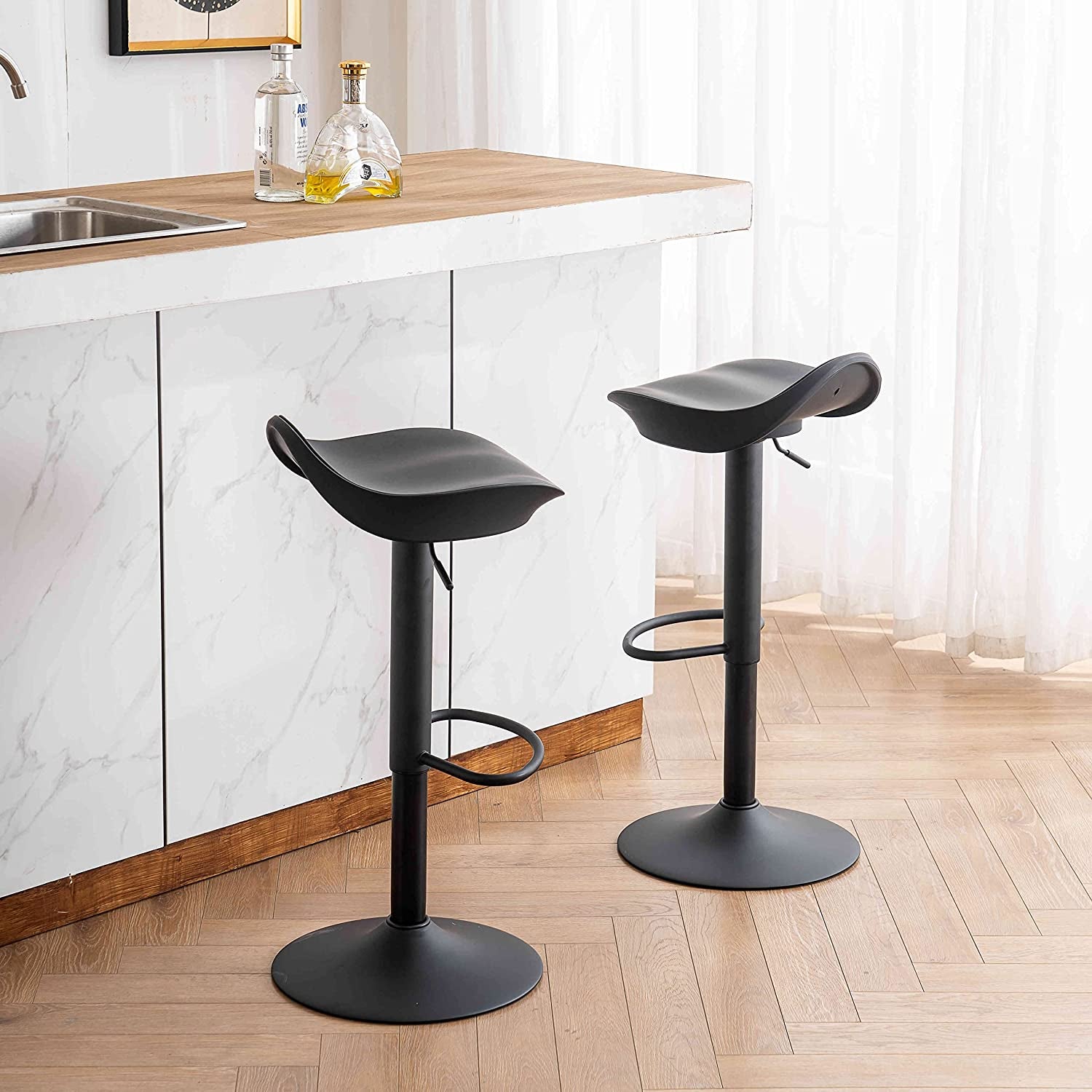 Bar Stools Set of 2 Easy to Assemble,Modern Saddle Swivel Counter Stools,Adjustable Barstools,Loads up to 300 Lbs,Black