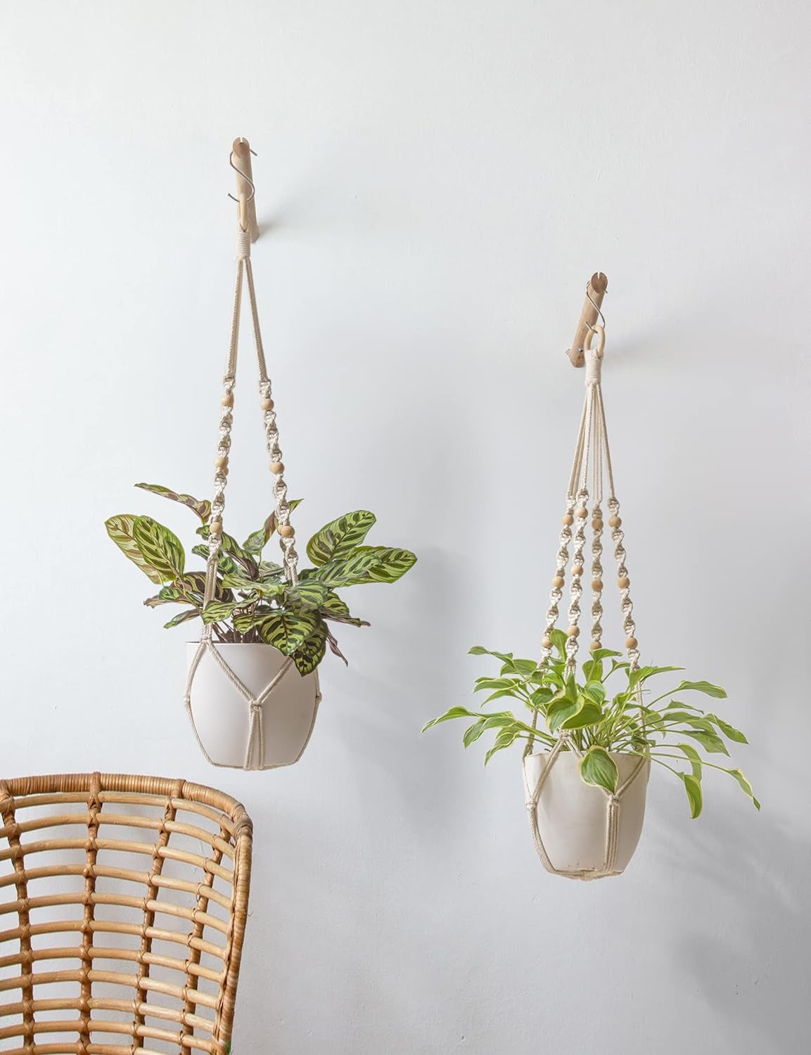 2 Pack Macrame Plant Hangers Indoor Boho Hanging Plant Holders with Wood Beads Macrame Hanging Planter Baskets Ivory 33.5" No Tassels