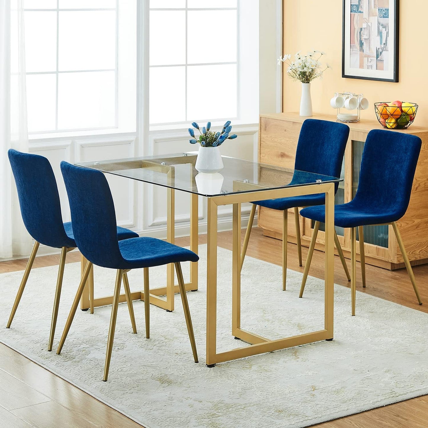 Dining Chairs Set of 4 for Kitchen Dining Room - Upholstered Metal Legs Renaissance Style Side Chairs, Blue Brushed Fabric/Golden Bronze