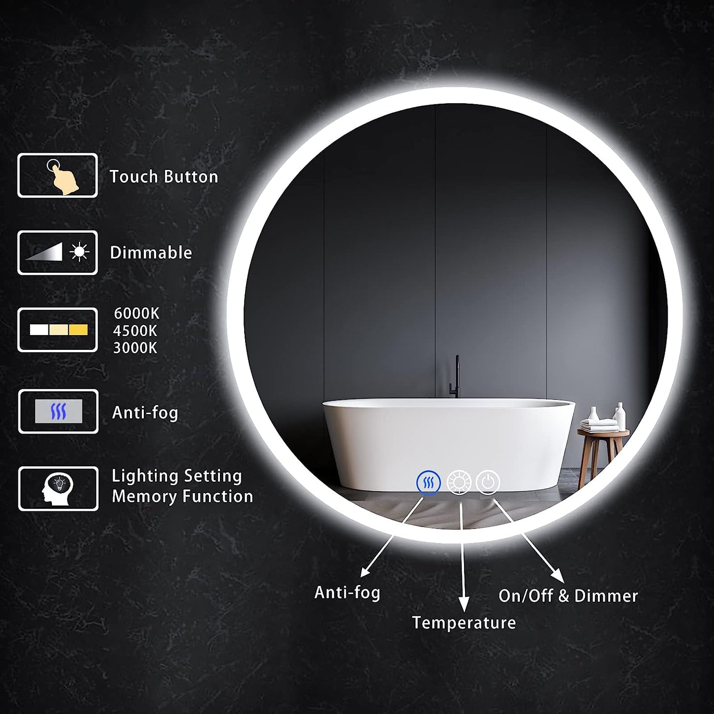 24" round LED Mirror for Bathroom, Anti-Fog Bathroom Vanity Mirror with Lights, Shatter-Proof, 3000-6000K, Stepless Dimmable LED Lighted Mirror, Backlit Bathroom Mirrors for Wall