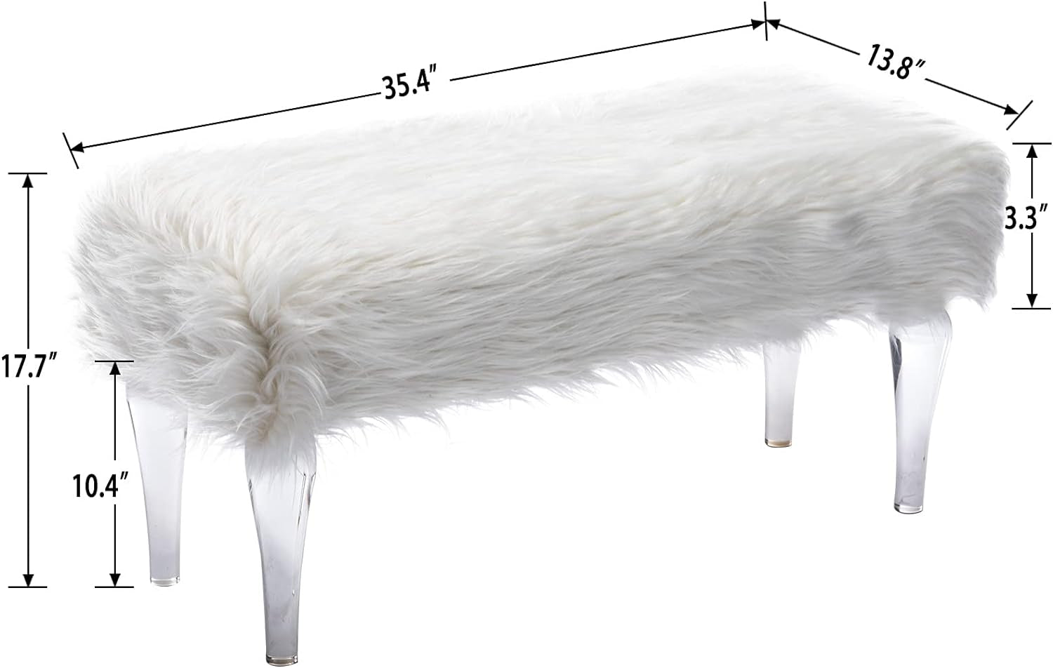 Fluffy Acrylic End of Bed Bench White Faux Fur Ottoman for Bedroom, 35” Modern Upholstered Entryway Bench with Acrylic Legs for Foyer Living Room Bedroom Vanity (White)