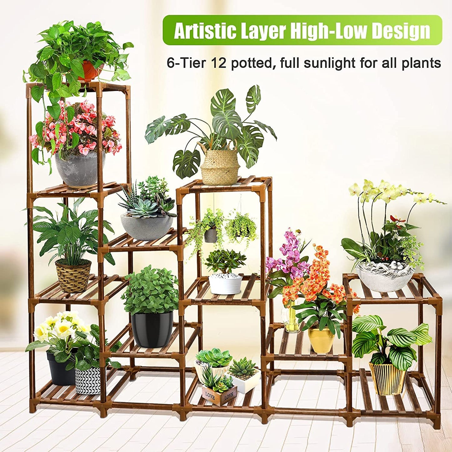 Plant Stand Indoor Outdoor, Large12 Tier Tall Wood Plant Stands Multiple Plants Shelf, 44" Plant Holder Indoor Shelves Display Rack for Living Room Corner Garden Balcony