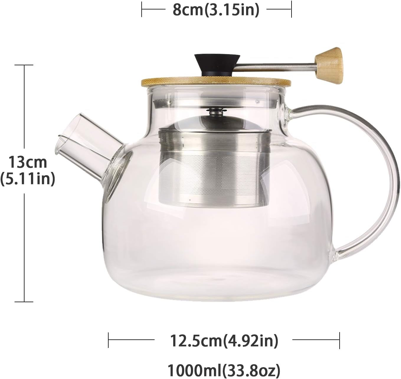 Glass Tea Pot with Bamboo Lid & SUS304 Stainless Steel Tea Infuser Filter, 34 OZ Stovetop Safe Tea Kettle for Loose Tea