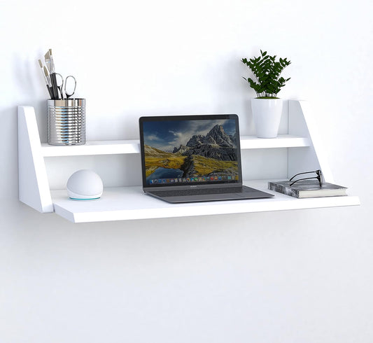 Reversible Wall Desk, White Floating Desk with Wall Mounted Shelf for Computer, Home, Office, Bedroom, Living, Kitchen and Study - L