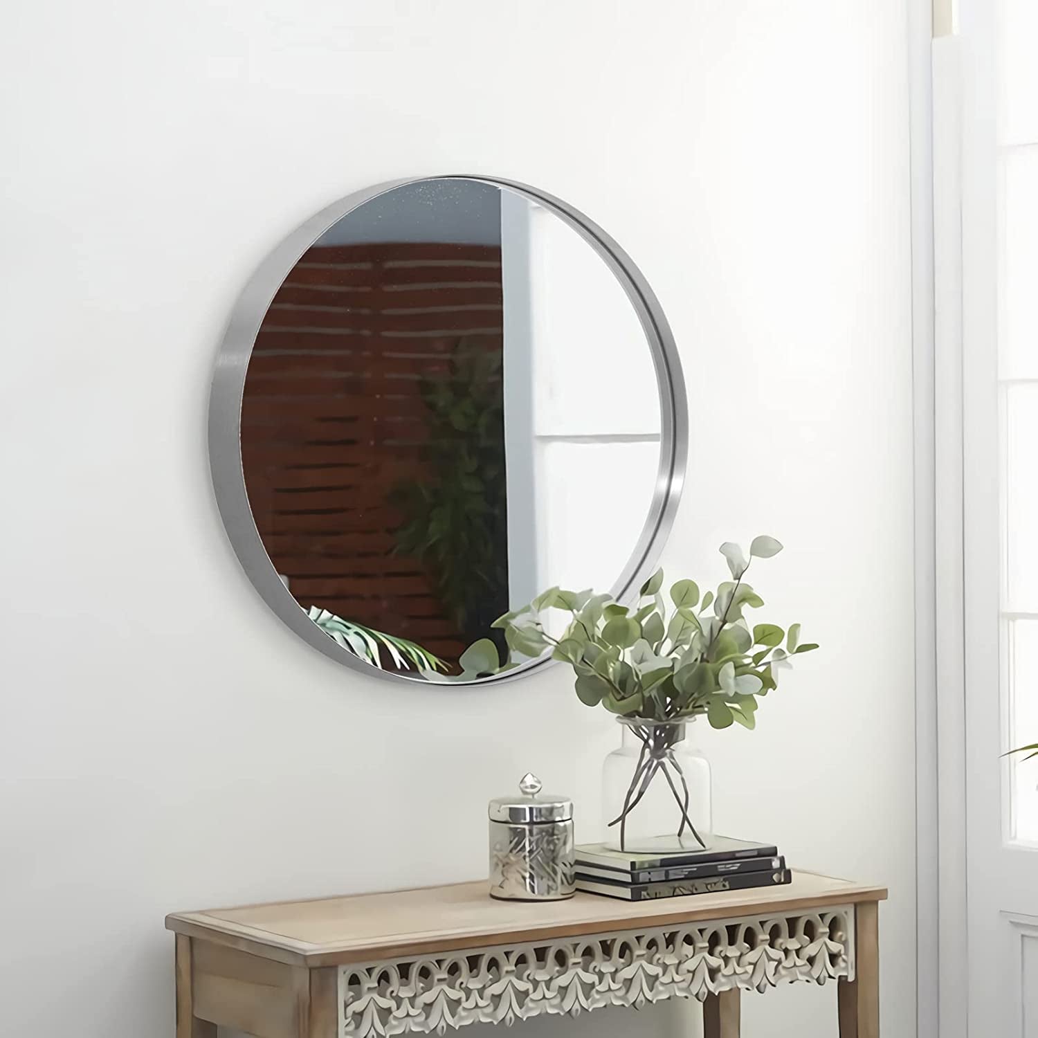 Nickel round Mirror, 26’’ Brushed Sliver Circle Bathroom Mirrors in Stainless Steel Metal Frame 1" Deep Set Design2