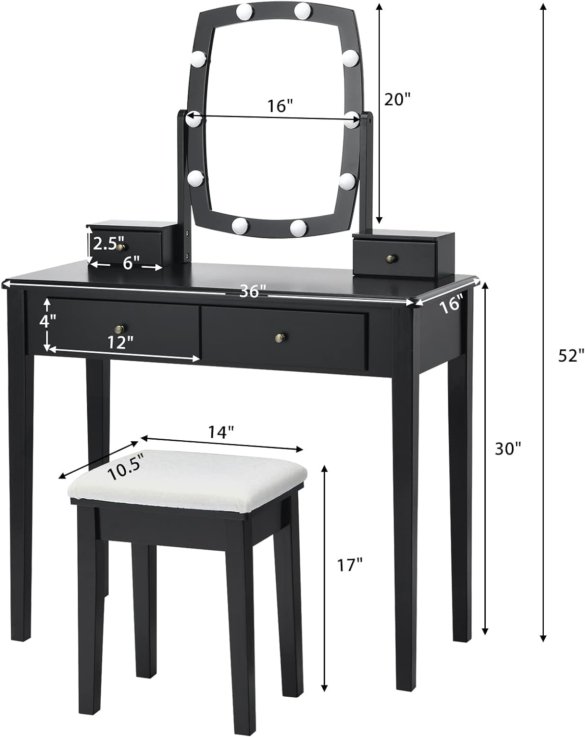 Vanity Table Set with Lighted Mirror, 10 LED Bulbs Adjustable Brightness, 4 Drawers 2 Dividers, Modern Bedroom Makeup Desk Dressing Table with Cushioned Stool for Girls Women (Black)