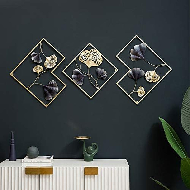 Iron Wall Sculptures - Set of 3 Diamond Shaped Metal Wall Decor with Gingko Biloba Art Great for Home Hotel Decoration(Gold&Gray)