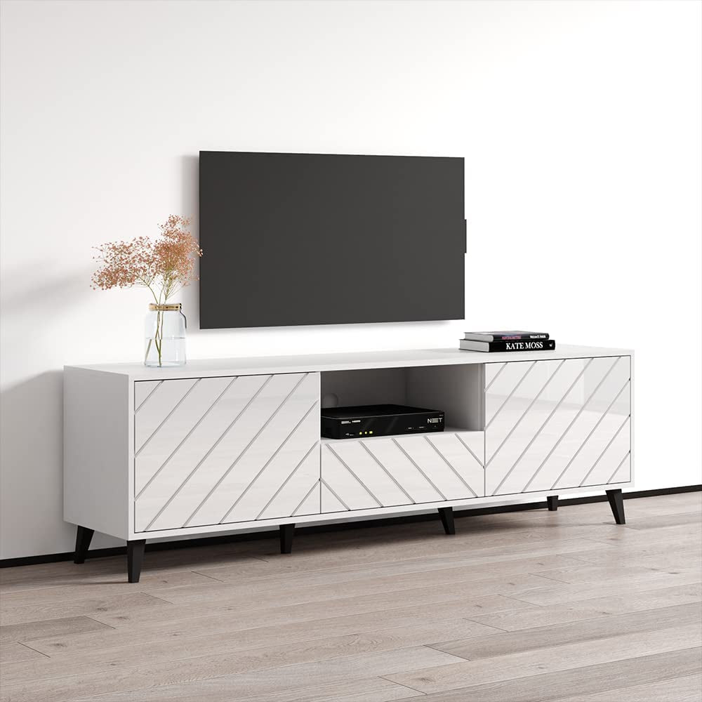 Paris TV Stand for Tvs up to 80", Mid-Century Modern High Gloss 71" Entertainment Center, TV Media Console with Storage Cabinets