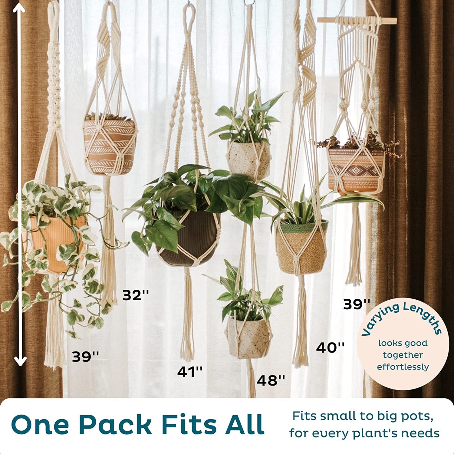 6-Pack Macrame Plant Hanger - 12 Ceiling Hooks - Plant Hanger Indoor - Hanging Plant Holder - Hanging Planters for Indoor Plants - Boho Plant Hanger - Plant Hangers Indoor (Cream)