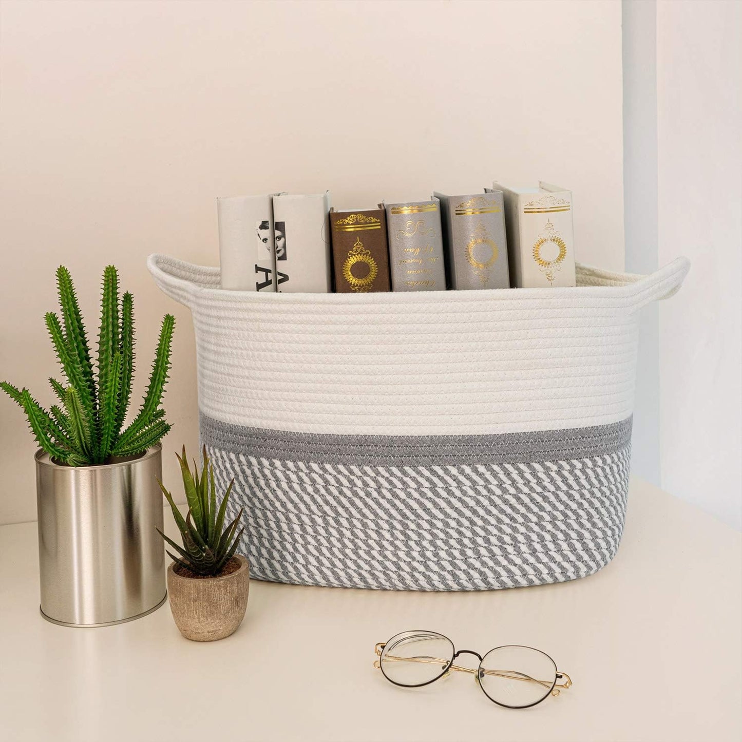 Square Cotton Rope Woven Basket with Handles for Books, Magazines, Toys Decorative Rectangle Basket for Baby Nursery, Living Room, Bathroom 13.5 Inch X 11 Inch X 9.5 Inch, Pack of 1