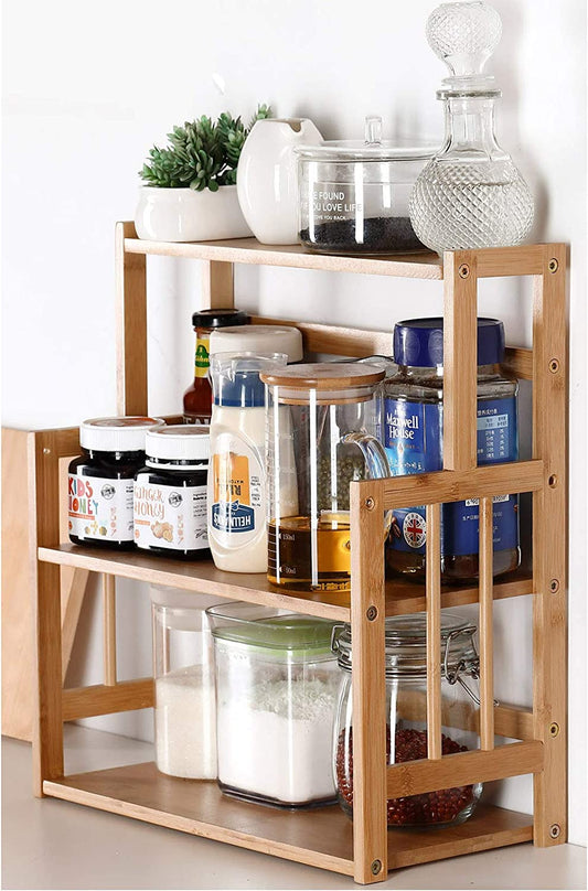 Bamboo Spice Rack Storage Shelves-3 Tier Standing Pantry Shelf for Kitchen Counter Storage,Bathroom Countertop Storage Organizer Desk Bookshelf with Adjustable Shelf Cabinet, Wooden