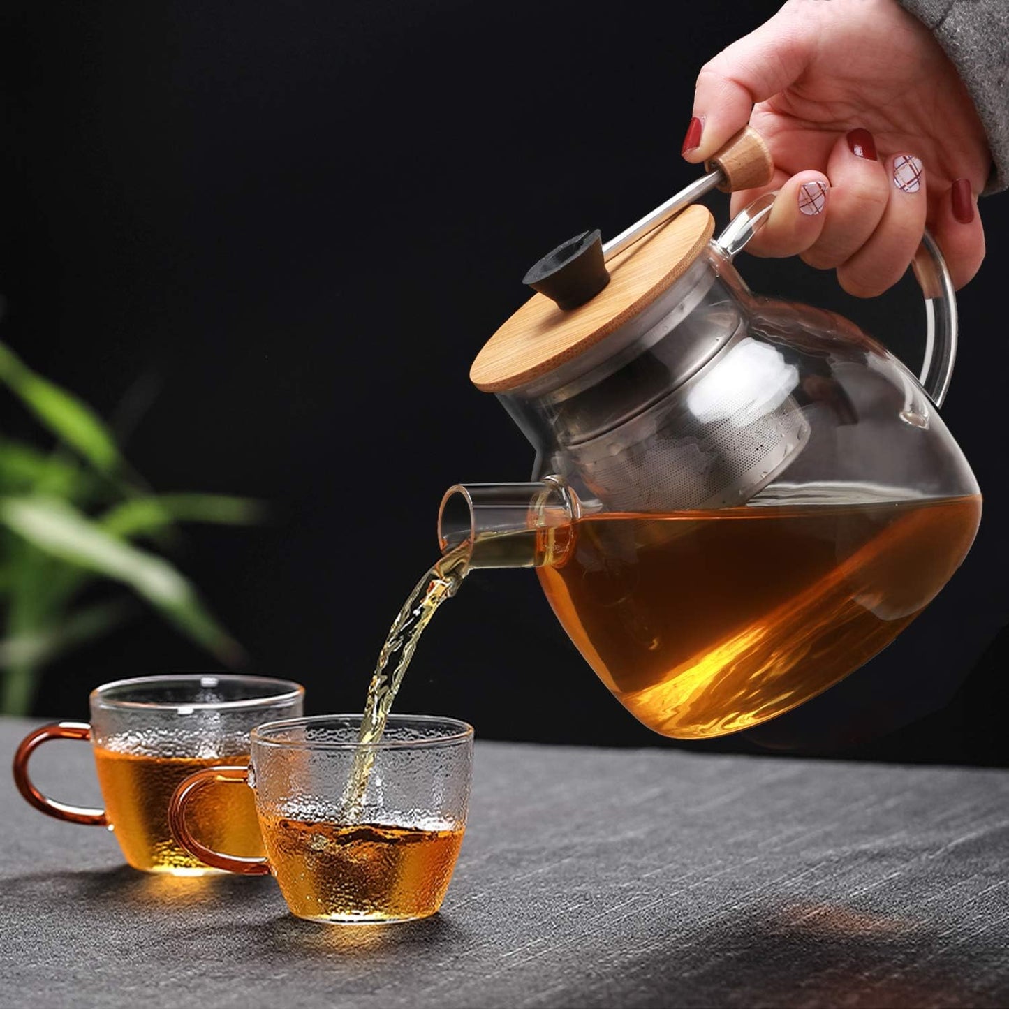 Glass Tea Pot with Bamboo Lid & SUS304 Stainless Steel Tea Infuser Filter, 34 OZ Stovetop Safe Tea Kettle for Loose Tea