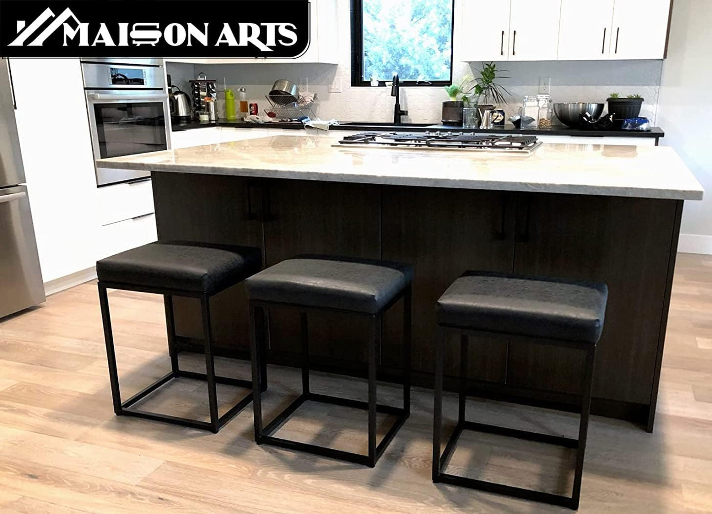 Black Counter Height 24" Bar Stools Set of 3 for Kitchen Counter Backless Modern Square Bartools Upholstered Faux Leather Stools Farmhouse Island Chairs,Support 330 LBS,(24 Inch,Black)