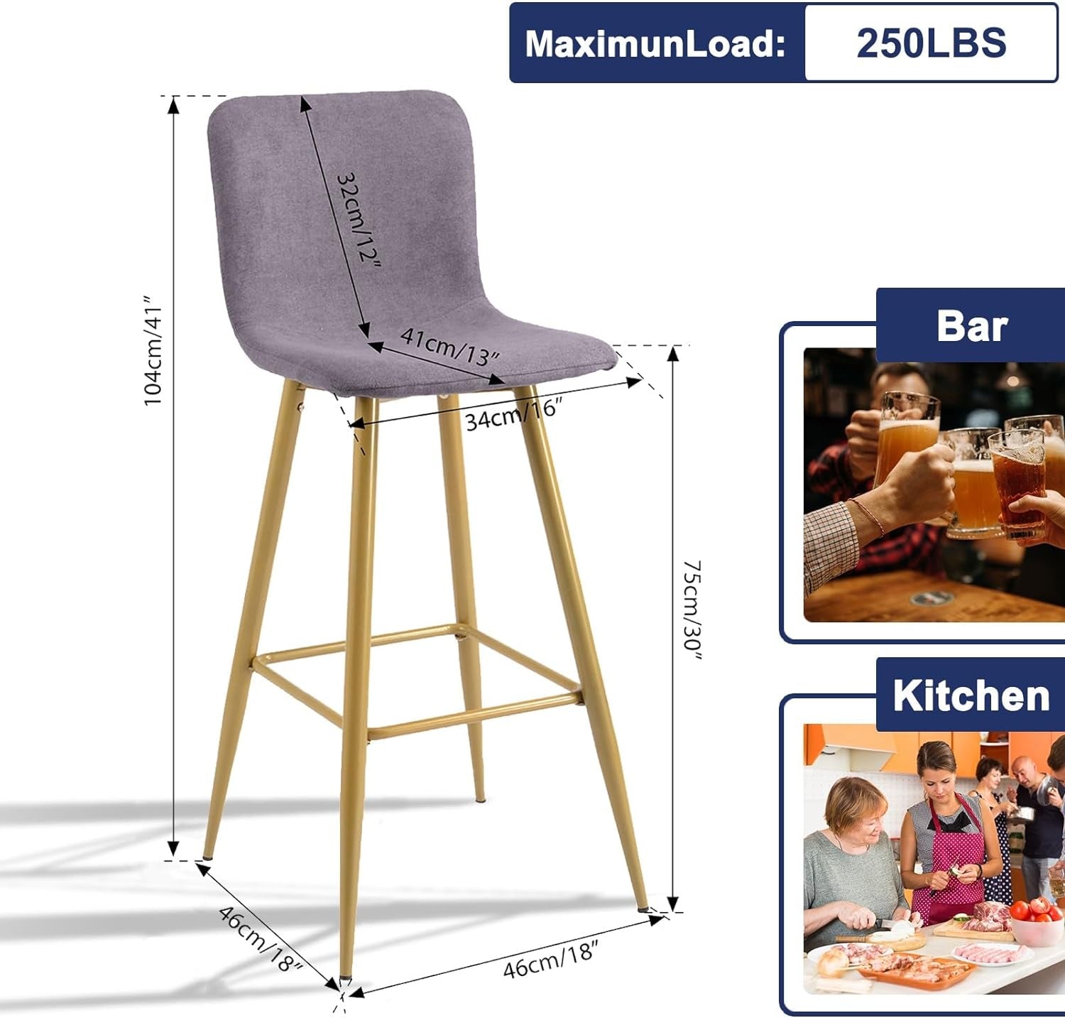 Modren 30 Inch Bars Height Bar Stools Set of 2, Counter Stools for Kitchen Counter, Grey Bar Stools with Back, Metal Frame, Kitchen Stools for Island