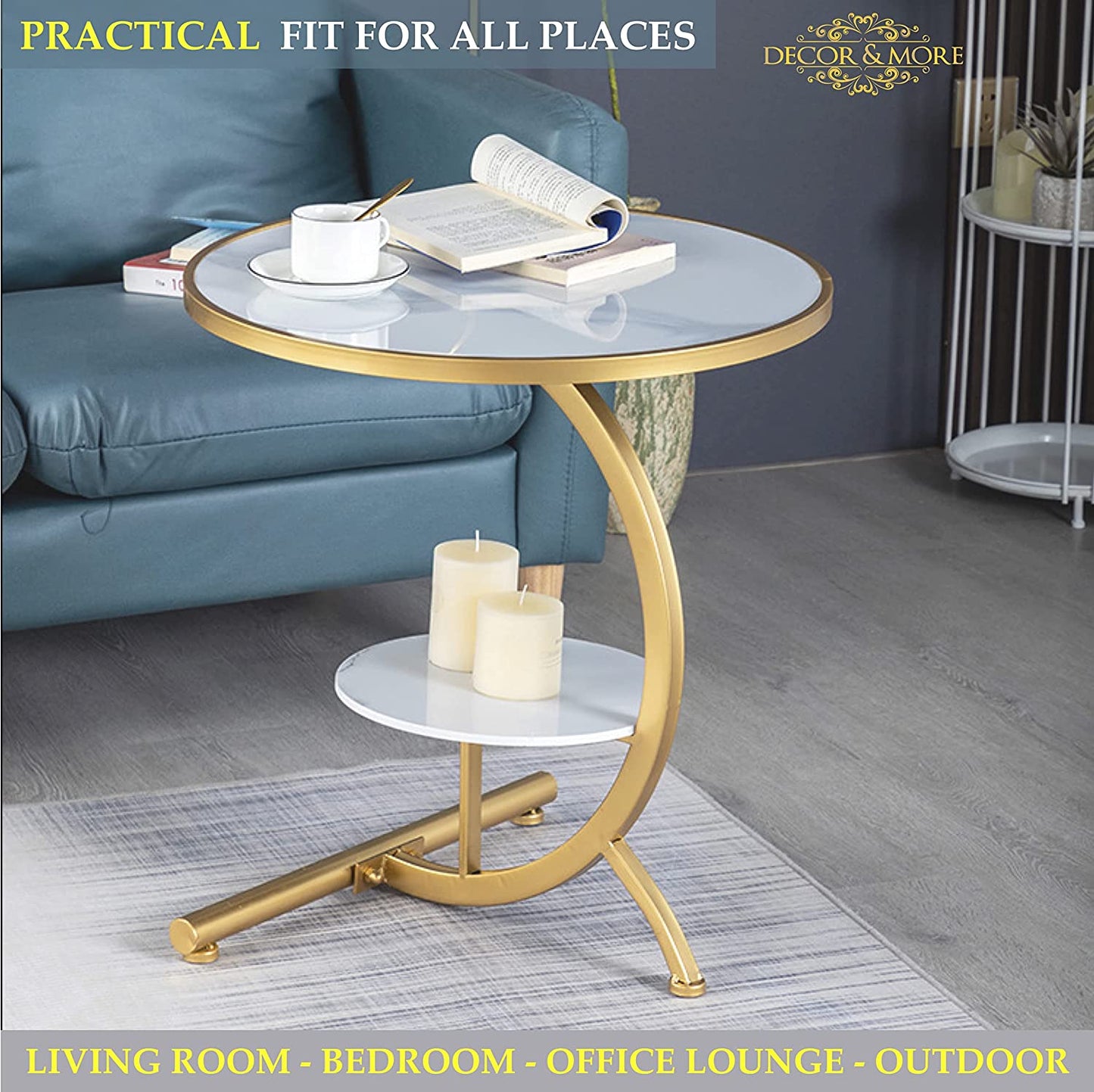 round Coffee Table with Storage Shelf for Home & Living Room| Marble Look| Side & Corner Table| Sofa End Table| Night Stand Table| Snack Table| Multi-Use Table| Outdoor & Indoor Furniture