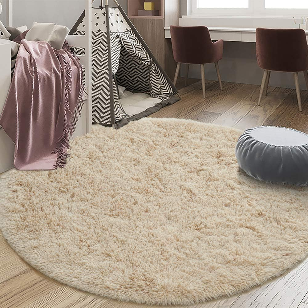 Soft round Fluffy Bedroom Rugs for Girls Boys, Fuzzy Circle Area Rug for Nursery Playing Reading Room, Kids Room Carpets Shaggy Cute Rugs for Dorm Bedside Home Décor, 4 Feet, Beige