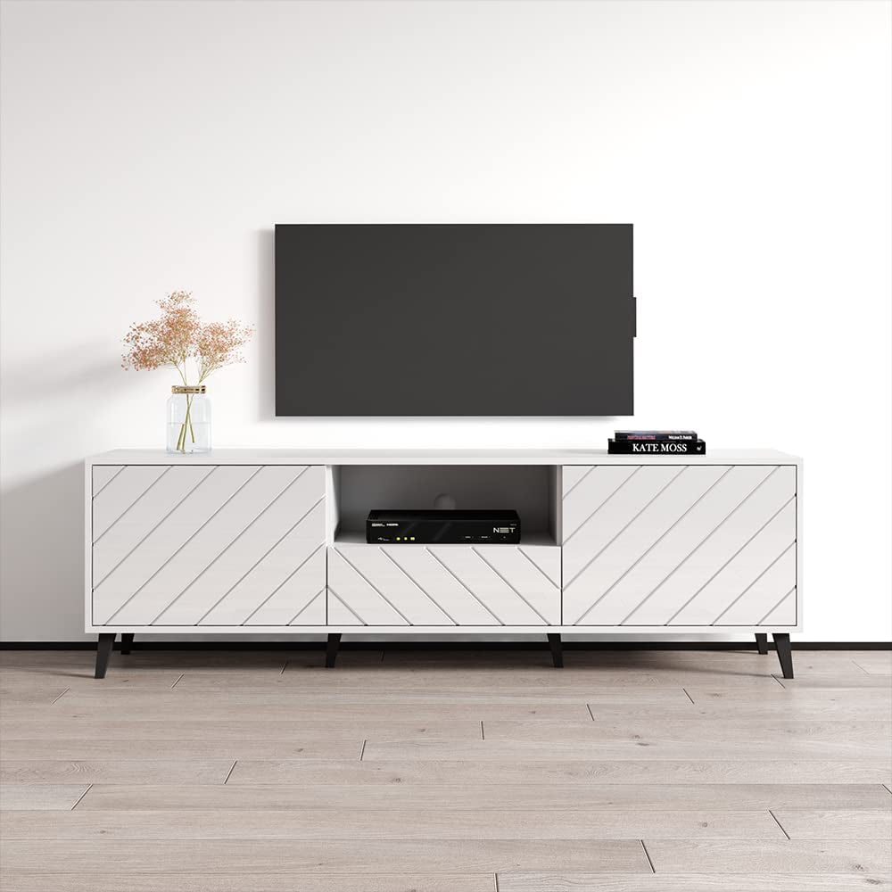 Paris TV Stand for Tvs up to 80", Mid-Century Modern High Gloss 71" Entertainment Center, TV Media Console with Storage Cabinets