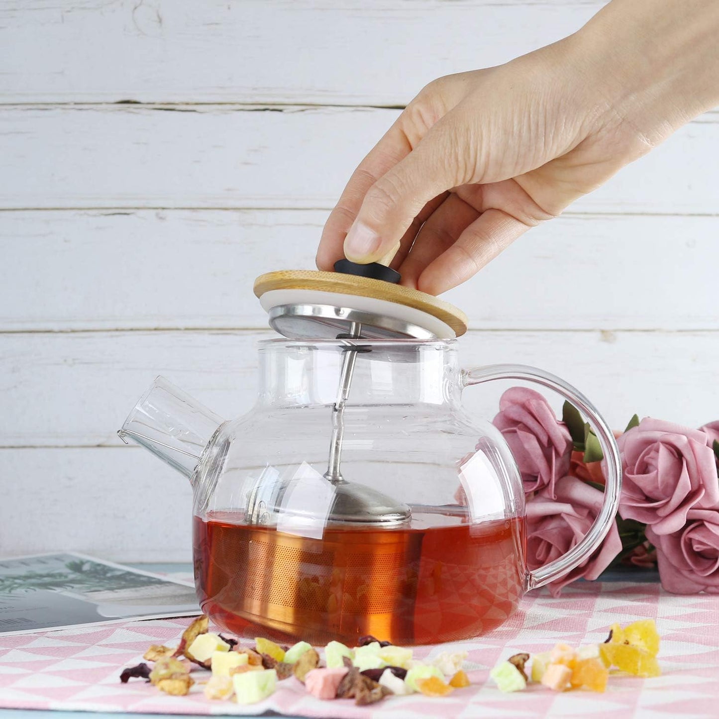 Glass Tea Pot with Bamboo Lid & SUS304 Stainless Steel Tea Infuser Filter, 34 OZ Stovetop Safe Tea Kettle for Loose Tea