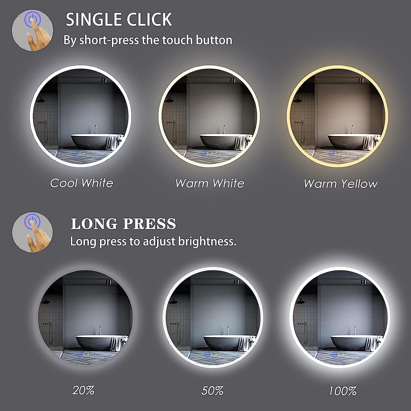 24" round LED Mirror for Bathroom, Anti-Fog Bathroom Vanity Mirror with Lights, Shatter-Proof, 3000-6000K, Stepless Dimmable LED Lighted Mirror, Backlit Bathroom Mirrors for Wall