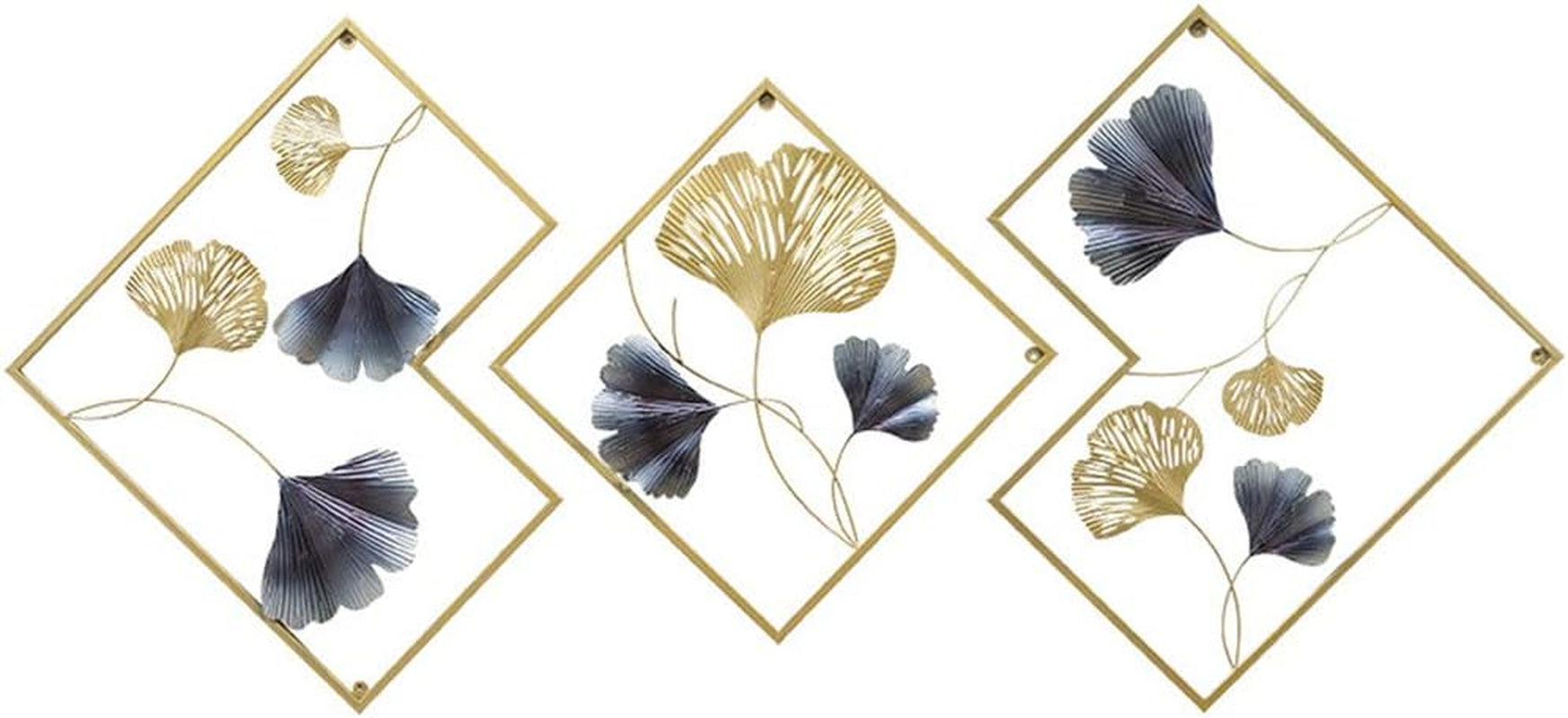 Iron Wall Sculptures - Set of 3 Diamond Shaped Metal Wall Decor with Gingko Biloba Art Great for Home Hotel Decoration(Gold&Gray)