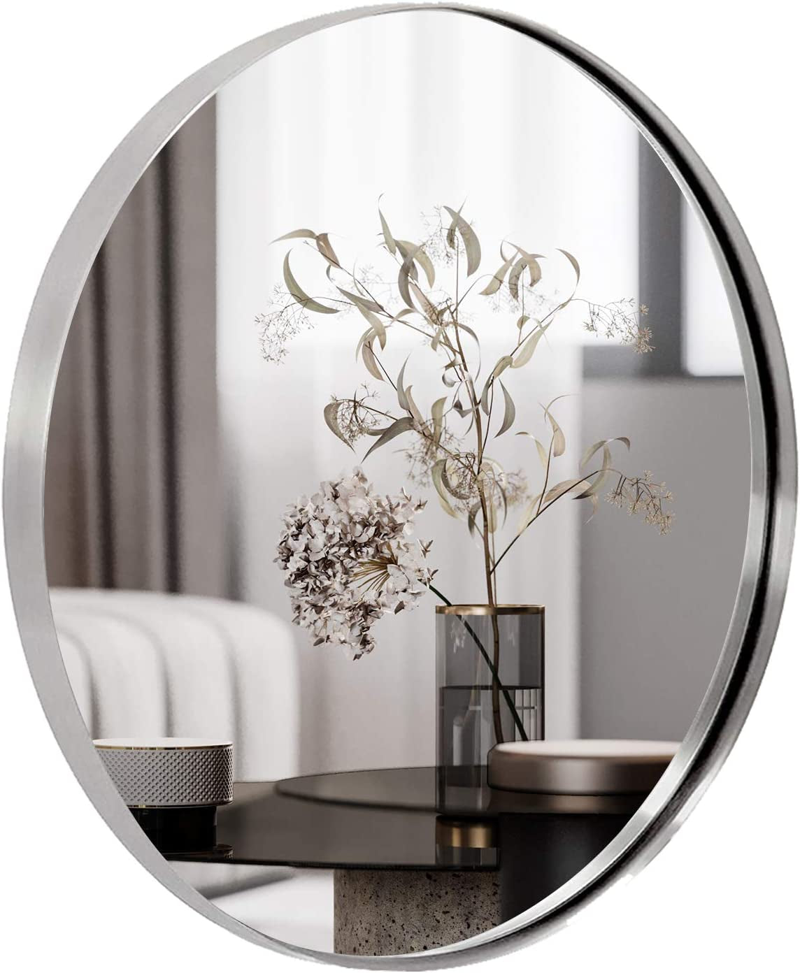 Nickel round Mirror, 26’’ Brushed Sliver Circle Bathroom Mirrors in Stainless Steel Metal Frame 1" Deep Set Design2