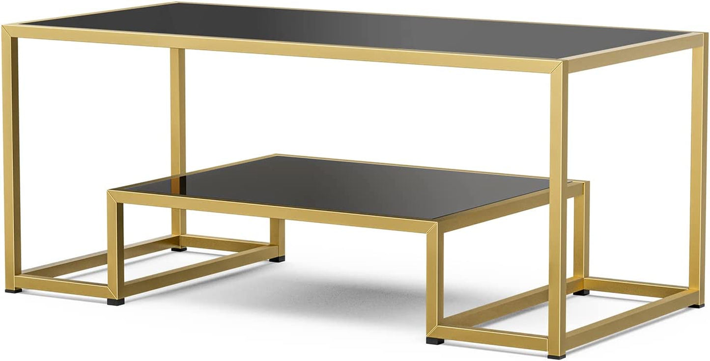 High Gloss Coffee Table for Living Room with Gold Metal Frame and Open Storage Shelf, Modern Accent Center Table Black Dining Table for Home Furniture Office Decor