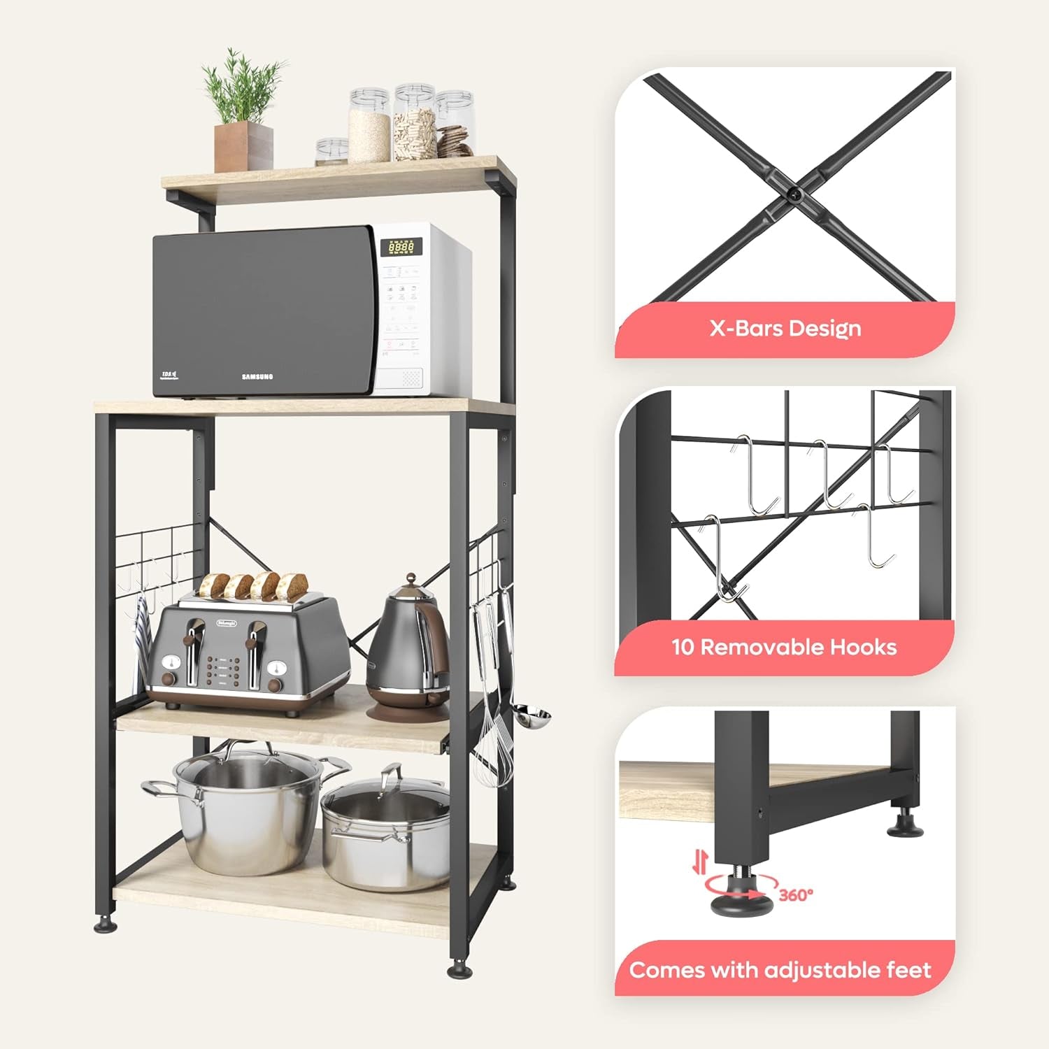 Kitchen Bakers Rack Microwave Stand Kitchen Cart on Wheels Utility Storage Shelf with 10 Side Hooks Kitchen Organizer Shelves with Adjustable Feet