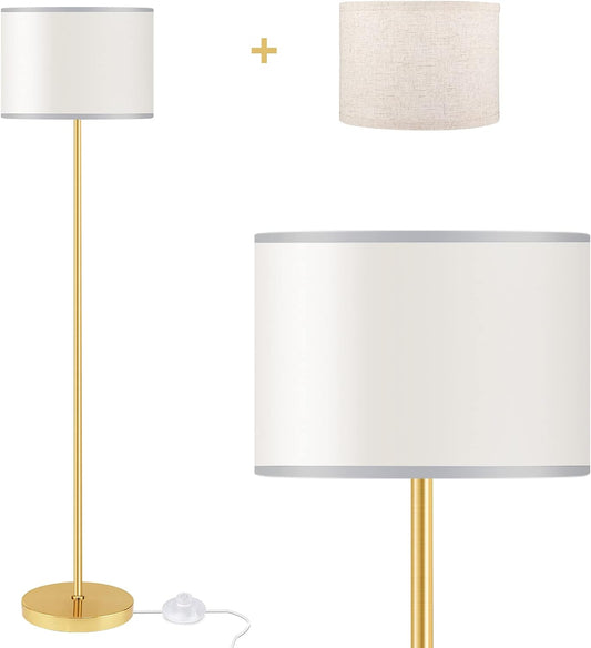 Floor Lamps for Living Room with 2 Lamp Shades, LED Modern Standing Lamp Simple Design, Tall Reading Pole Lamp Standing Light, Golden Bedside Floor Lamps for Bedroom, Office, Study Room