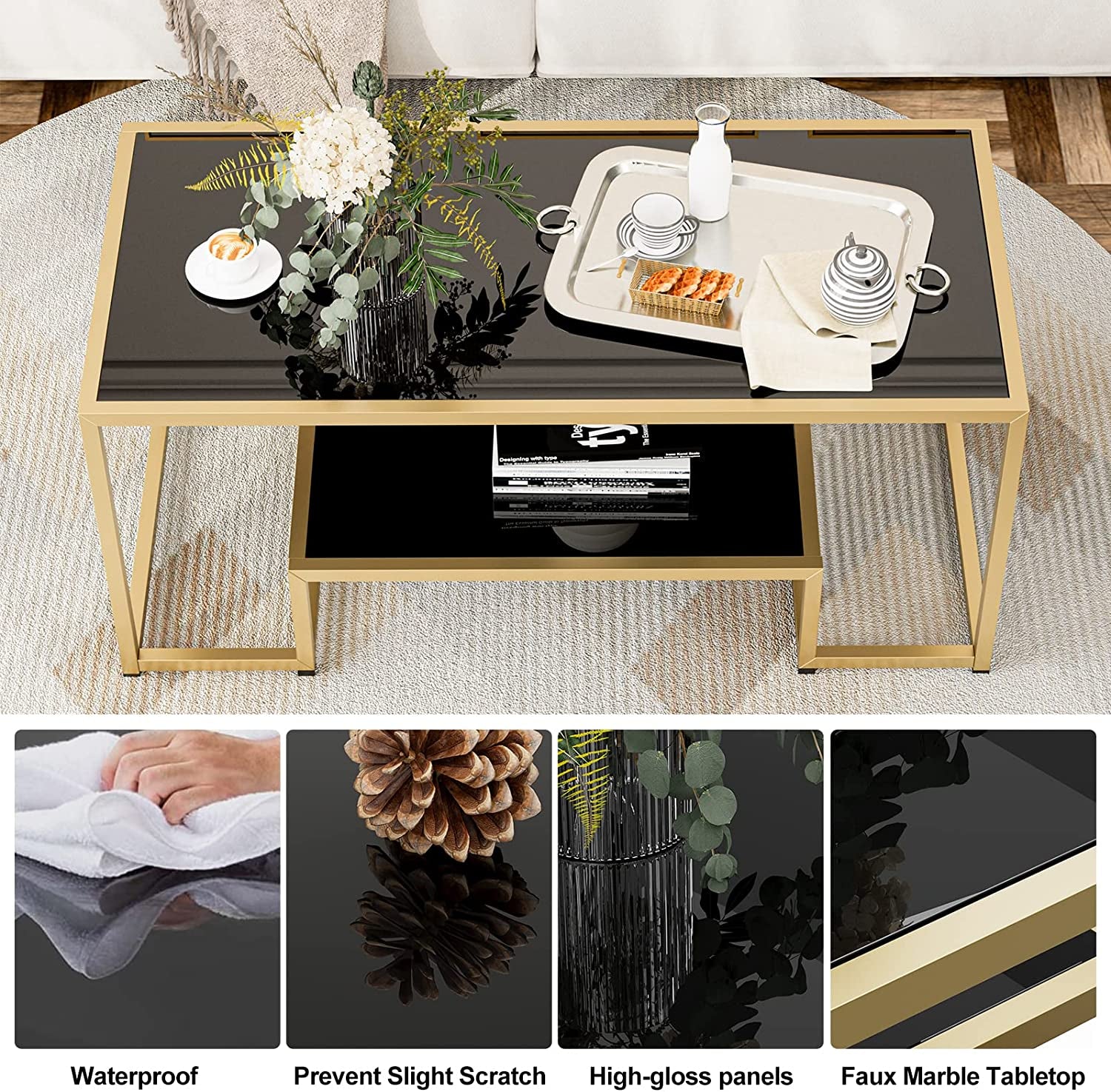 High Gloss Coffee Table for Living Room with Gold Metal Frame and Open Storage Shelf, Modern Accent Center Table Black Dining Table for Home Furniture Office Decor