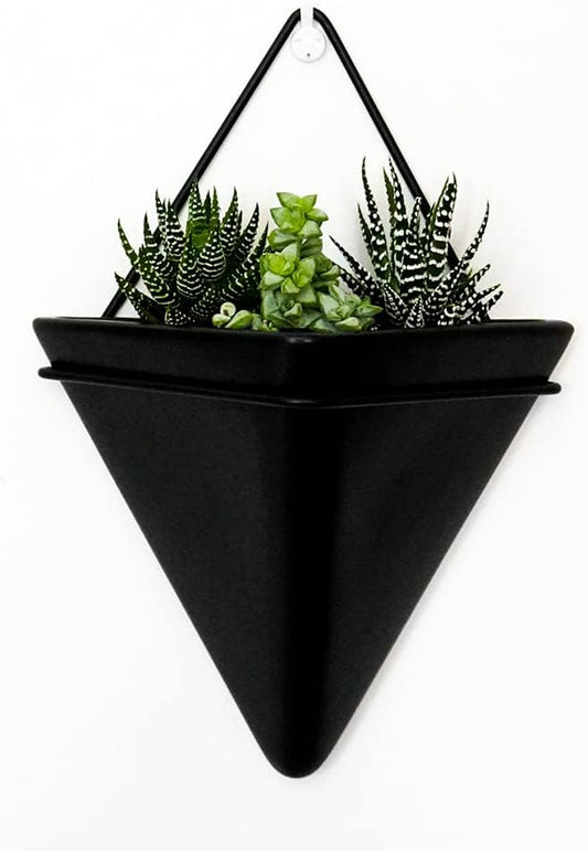 Triangle Ceramic Wall Planter - Triangle Wall Planters for Indoor Plants - Triangle Geometric Wall Hanging Planter - Hanging Triangle Planter - Plant or Succulent Wall Planters (Black & Black, Large)