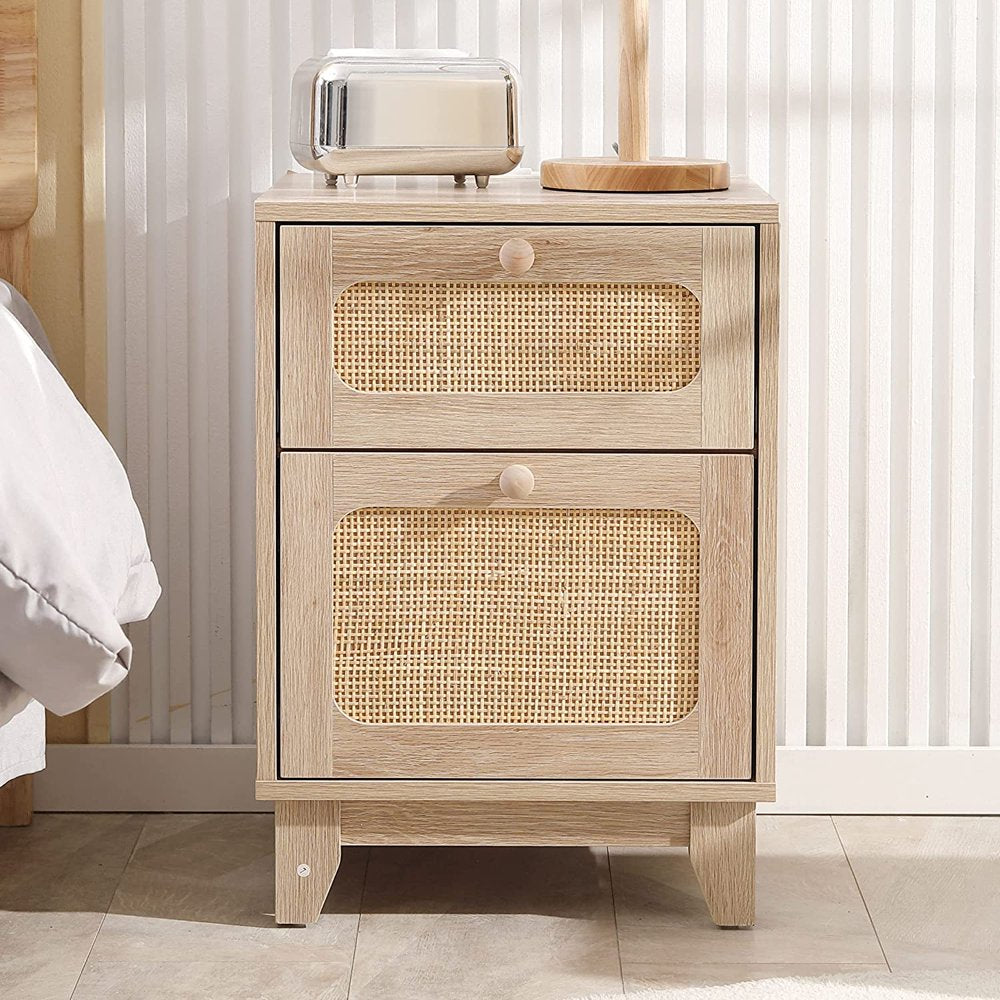 Rattan Mid-Century Modern Nightstand Set with Handmade Rattan Decorated Drawer and Door, Bedroom, Living Room, Natural