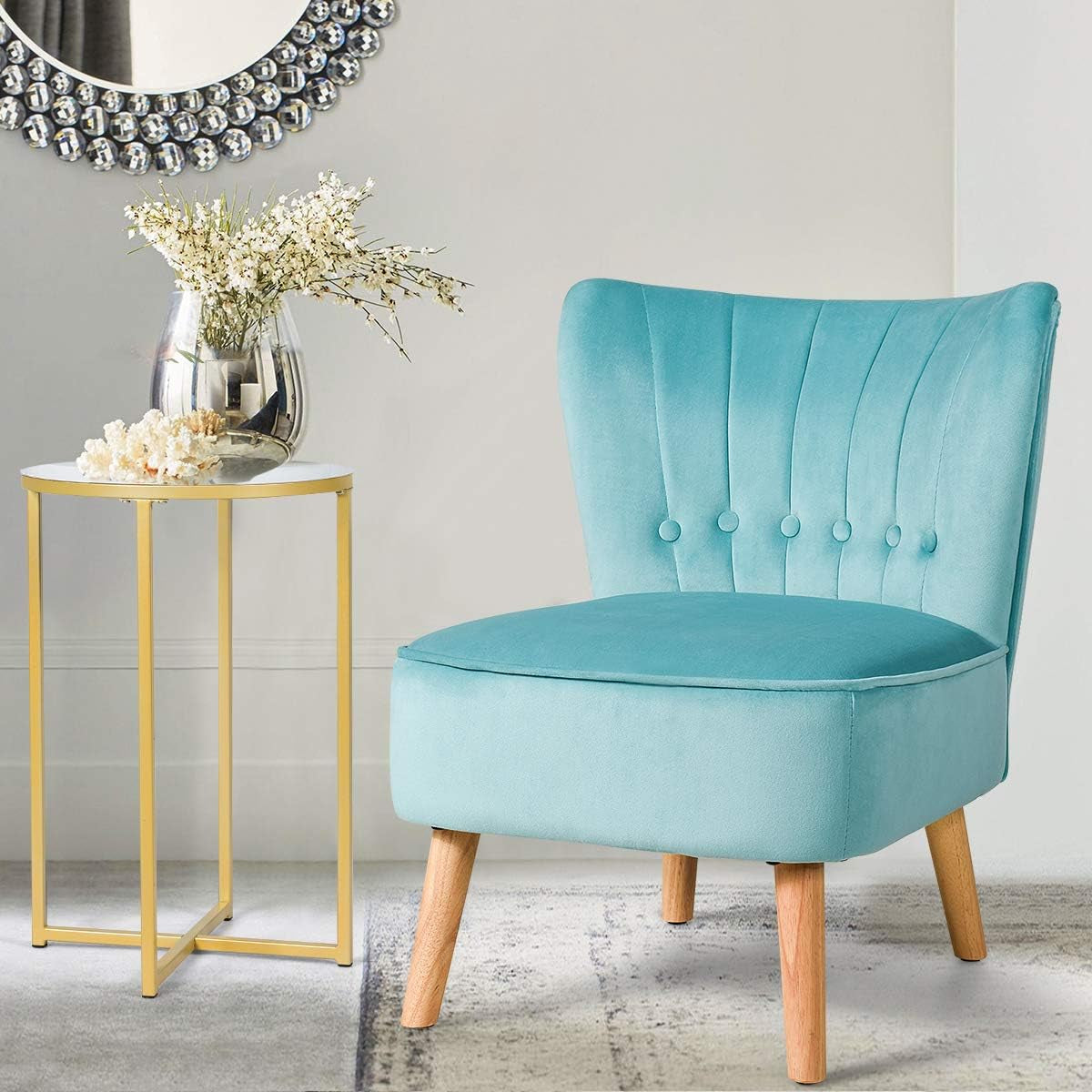 Modern Velvet Accent Chair, Small Upholstered Leisure Sofa Chair W/Wood Legs, Thickly Padded and Button Tufted, Armless Wingback Club Chairs for Living Room Bedroom Furniture, Turquoise