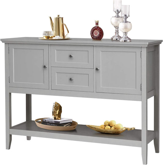 Buffet Sideboard, Wood Storage Cabinet, Console Table with Storage Shelf, 2 Drawers and Cabinets, Living Room Kitchen Dining Room Furniture, Wood Buffet Server (Grey)