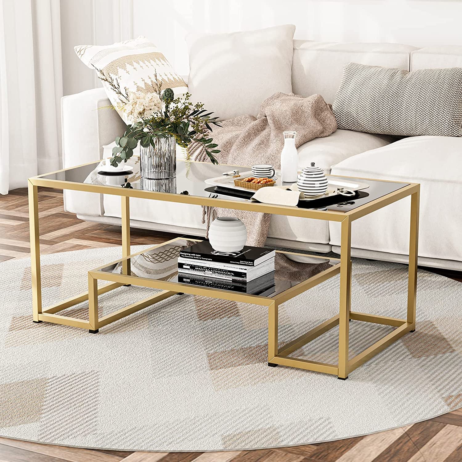 High Gloss Coffee Table for Living Room with Gold Metal Frame and Open Storage Shelf, Modern Accent Center Table Black Dining Table for Home Furniture Office Decor